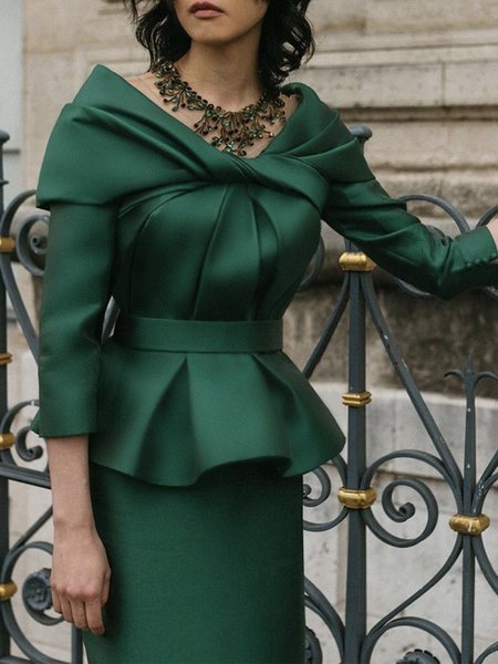 

Elegant Plain Irregular Craftsmanship Blouse With Belt, Green, Blouses and Shirts