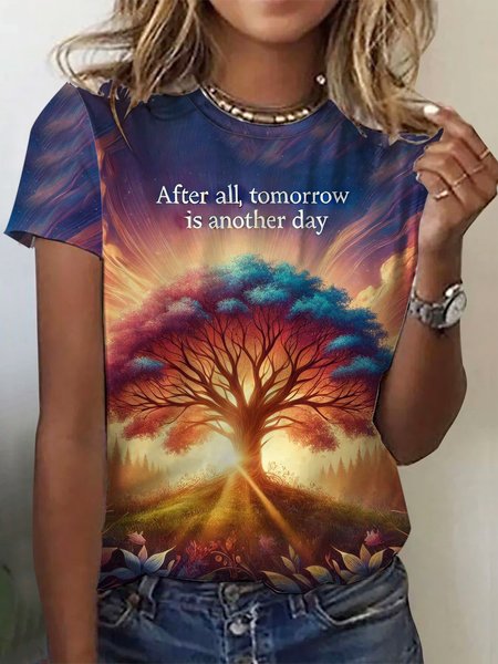 

Plant Pattern Print Short Sleeve Crew Neck T-shirt, Multicolor, T-shirts