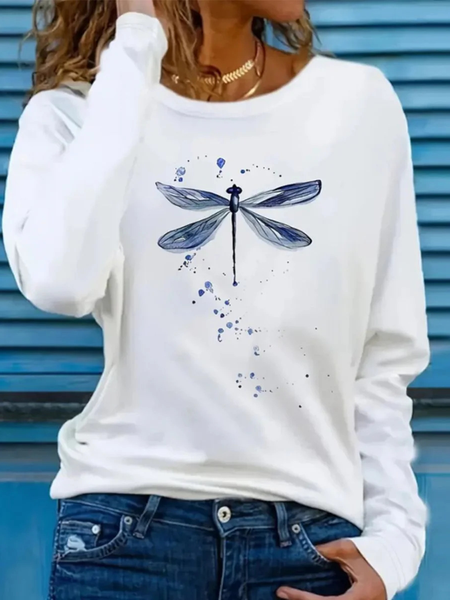 

Casual Dragonfly Crew Neck Long Sleeve T-shirt, White, T-shirts