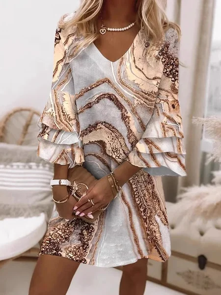 

Women Geometric Three Quarter Sleeve Spring/Fall Dress V Neck Daily Casual Mini H-Line Dress, Khaki, Dresses