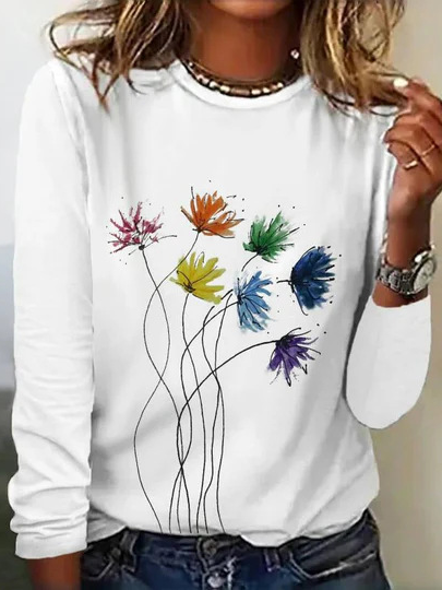 

Casual Floral Crew Neck Long Sleeve T-shirt, White, T-shirts