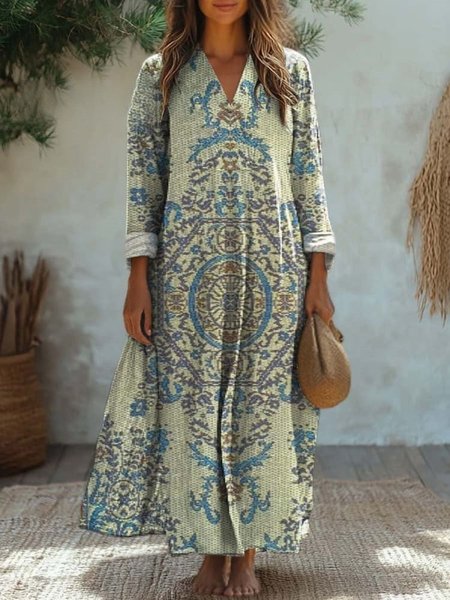 

Ethnic Print Long Sleeve V-neck Dress, Green, Maxi Dresses