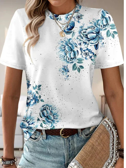 

Casual Floral Crew Neck Short Sleeve T-shirt, White, T-shirts