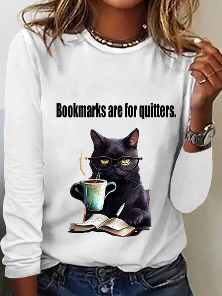 Casual Cat Crew Neck Long Sleeve T-shirt, White, T-shirts