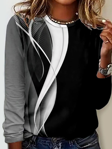 

Geometric Print Long Sleeve Crew Neck T-shirt, Black, Long sleeves