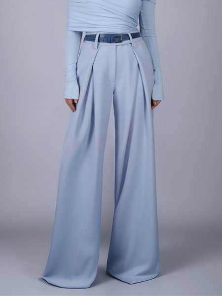 Urban Plain Ruched Wide Leg Pants With No Belt, Blue, Pants