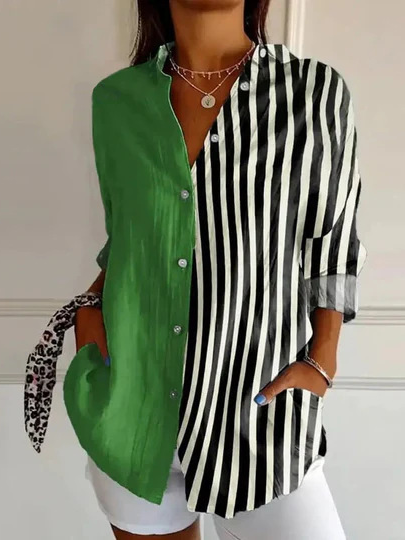 

Shirt Collar Long Sleeve Striped Regular Loose Shirt For Women, Green, Shirts