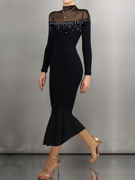 

Elegant Plain Hot Drilling Stand Collar Maxi Dress, Black, Maxi Dresses