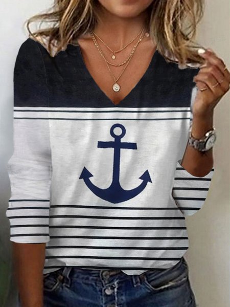 

Anchor Print Long Sleeve V-Neck T-shirt, White, Long sleeves