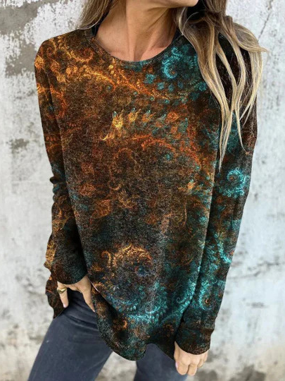 

Casual Geometric Crew Neck Long Sleeve T-shirt, As picture, T-shirts