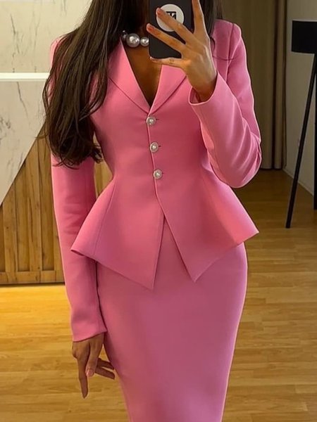 

Elegant Buttoned Plain Lapel Collar Jacket, Pink, Jackets