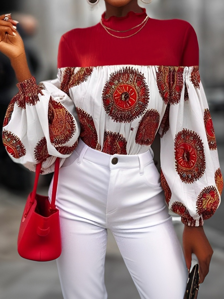 

Elegant Geometric Balloon Sleeve Blouse, As picture, Blouses and Shirts