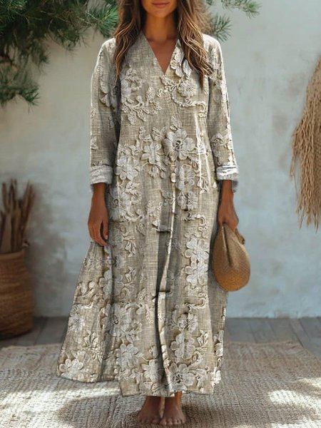 

Women's Long Sleeve Spring/Fall Floral Jersey Dress V Neck Daily Going Out Casual Maxi A-Line T-Shirt Dress, Apricot, Dresses