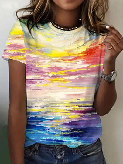 

Casual Color Block Crew Neck Short Sleeve T-shirt, As picture, T-shirts