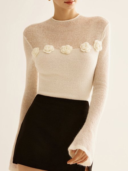 

Elegant Plain 3D Floral Crew Neck Sweater, Apricot, Pullovers