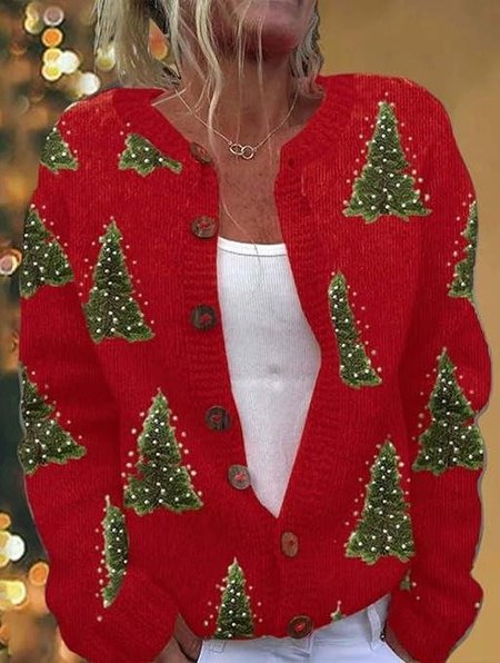 

Crew Neck Casual Christmas Cardigan, Red, Cardigans