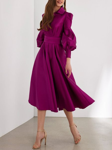 

Elegant Plain Balloon Sleeve Shirt Collar Midi Dress With Belt, Fuchsia, Midi Dresses