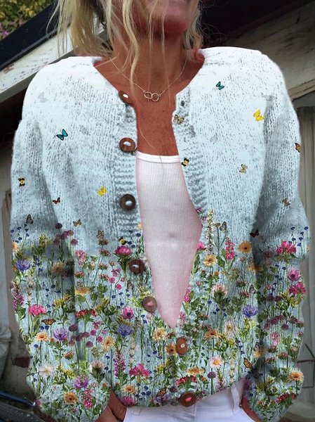 

Loose Casual Knitted Crew Neck Cardigan, As picture, Cardigans