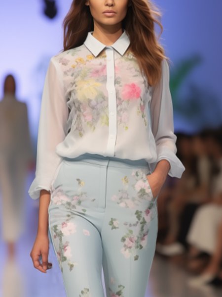 Vacation Floral Printing Shirt Collar Shirt, As picture, Blouses and Shirts