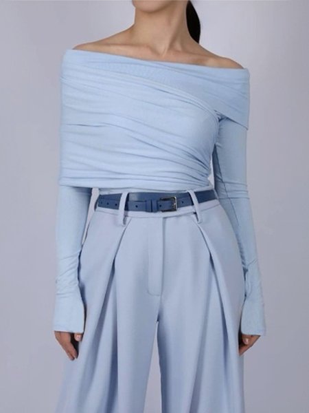 Urban Plain Ruched Cold Shoulder Blouse, Blue, Blouses and Shirts