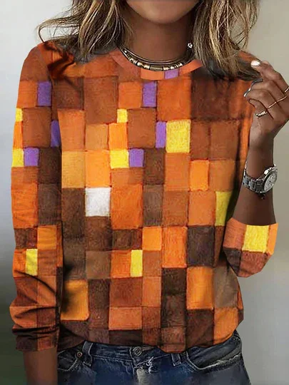 Casual Geometric Crew Neck Long Sleeve T-shirt, Yellow, T-shirts