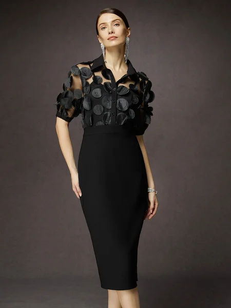 

Urban Geometric Shirt Collar Party Dress, Black, Midi Dresses