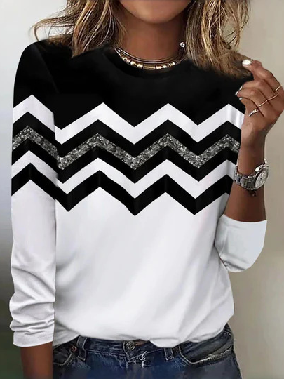 

Casual Geometric Crew Neck Long Sleeve T-shirt, Black, T-shirts