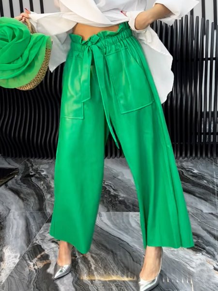 

Urban Plain Faux Leather Wide Leg Fashion Pants, Green, Pants