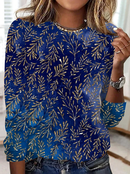 

Jersey Loose Floral Casual T-Shirt, Blue, Long sleeves