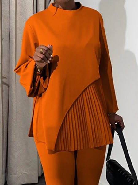 

Casual Plain Pleated Stand Collar Blouse, Orange, Blouses and Shirts