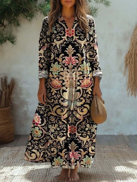 

Ethnic Print Long Sleeve V-neck Dress, Black, Maxi Dresses