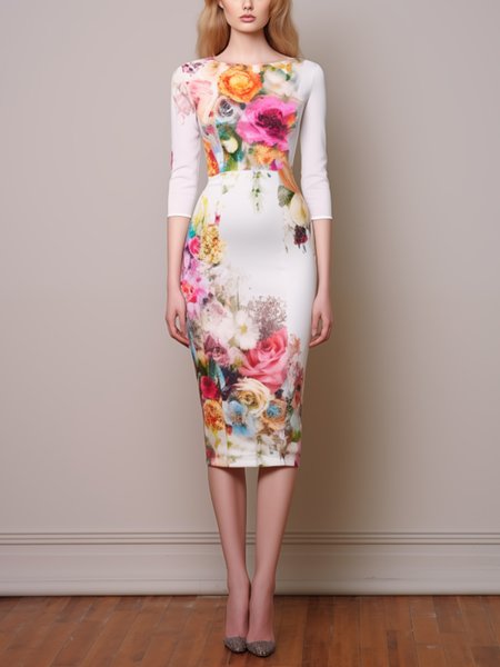 Elegant Floral Boat Neck Knee Length Dress, White, Midi Dresses