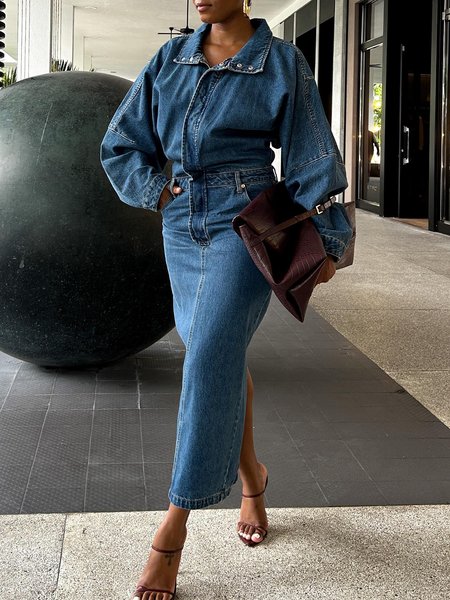Urban Plain Raglan Sleeve Shawl Collar Maxi Denim Dress, Blue, Midi Dresses