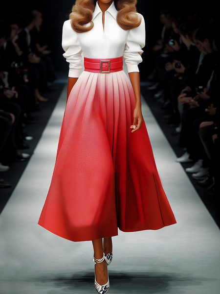 

Elegant Gradient Pattern Shirt Collar Maxi Dress With Belt, As picture, Maxi Dresses