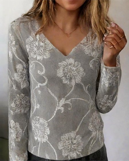

Vintage 3D Printing V Neck Long Sleeve T-shirt, Gray, Blouses