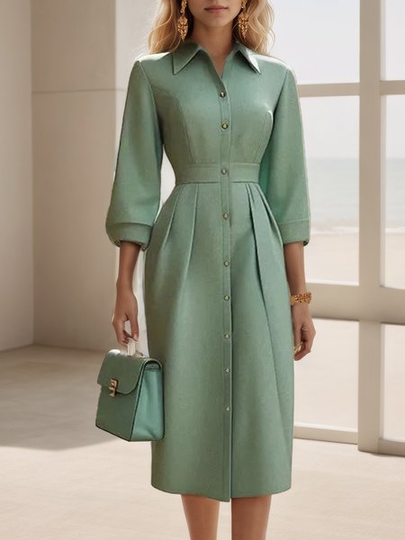 Elegant Plain Buttoned Shirt Dress, Green, Midi Dresses