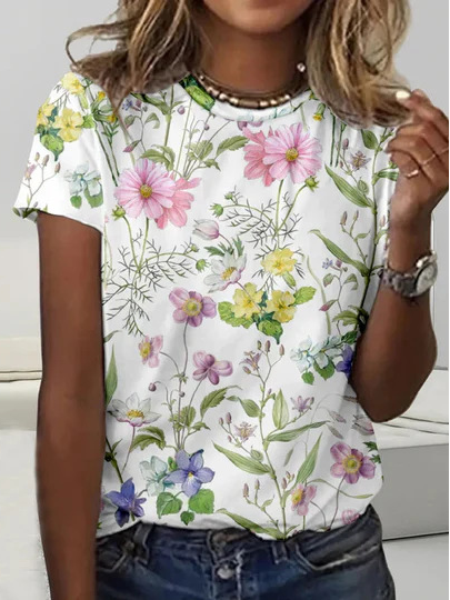 

Casual Floral Crew Neck Short Sleeve T-shirt, White, T-shirts