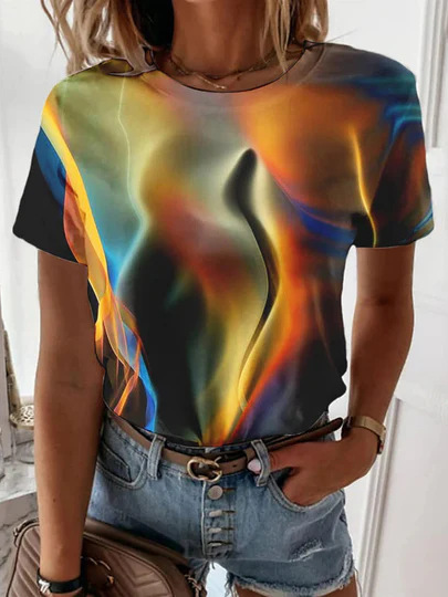 

Casual Color Block Crew Neck Short Sleeve T-shirt, As picture, T-shirts