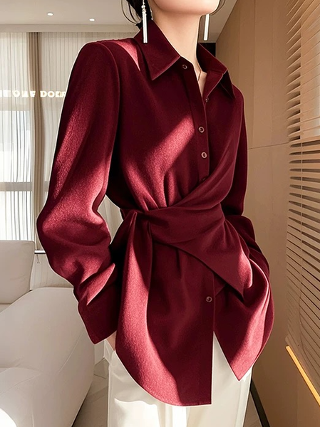 

Urban Plain Asymmetric Shirt Collar Shirt, Red, Blouses and Shirts
