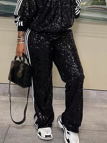 

Casual Color Block Glitter Straight Pants, Black, Pants