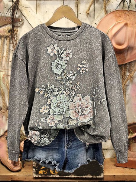 

Women's Crew Neck Floral Casual Spring/Fall Long Sleeve Sweatshirt, Gray, Sweatshirts & Hoodies