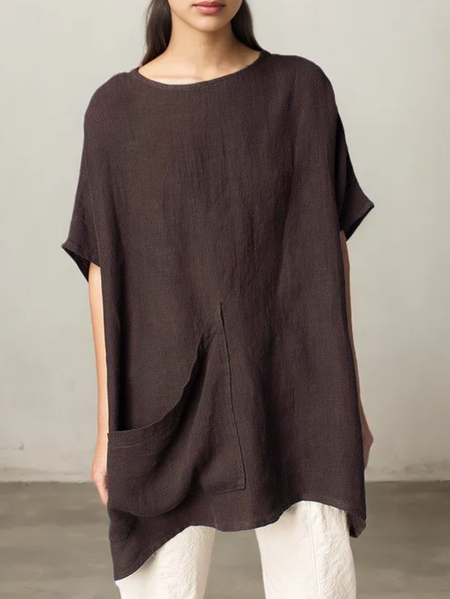 

STYLE WE x CHILLINEN | Linen Cotton And Linen Crew Neck Plain Blouse, Brown, Blouses and Shirts