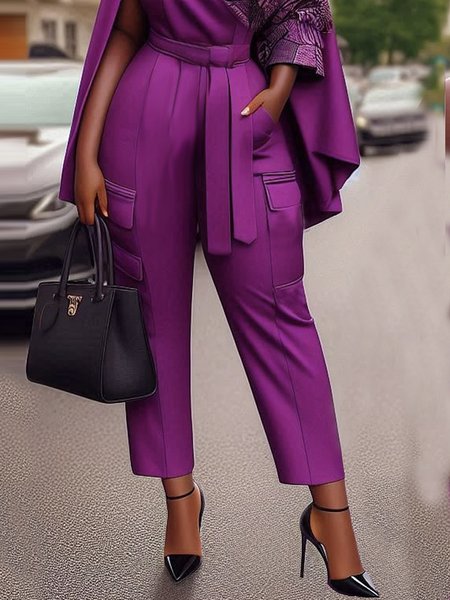 

Urban Plain Pockets Cargo Pants With Belt, Purple, Pants