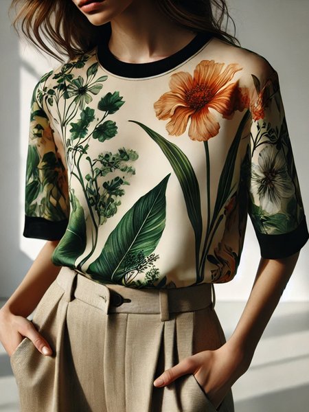

Casual Floral Crew Neck T-shirt, As picture, Tees