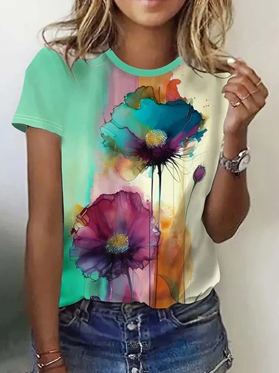 

Casual Floral Crew Neck Short Sleeve T-shirt, Green, T-shirts
