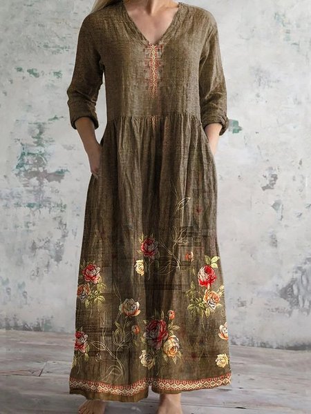 

Women's Vintage Lovely Floral Art Print Pocket Cotton Dress, As picture, Maxi Dresses