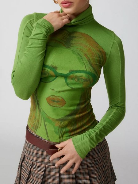 

Casual Face Printing Turtleneck T-shirt, Green, Tees