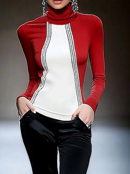 

Urban Color Block Printing Turtleneck T-shirt, As picture, Tees
