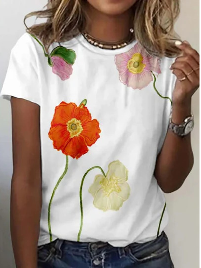 

Casual Floral Crew Neck Short Sleeve T-shirt, Multicolor, T-shirts