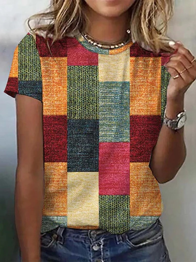

Casual Geometric Crew Neck Short Sleeve T-shirt, Multicolor, T-shirts